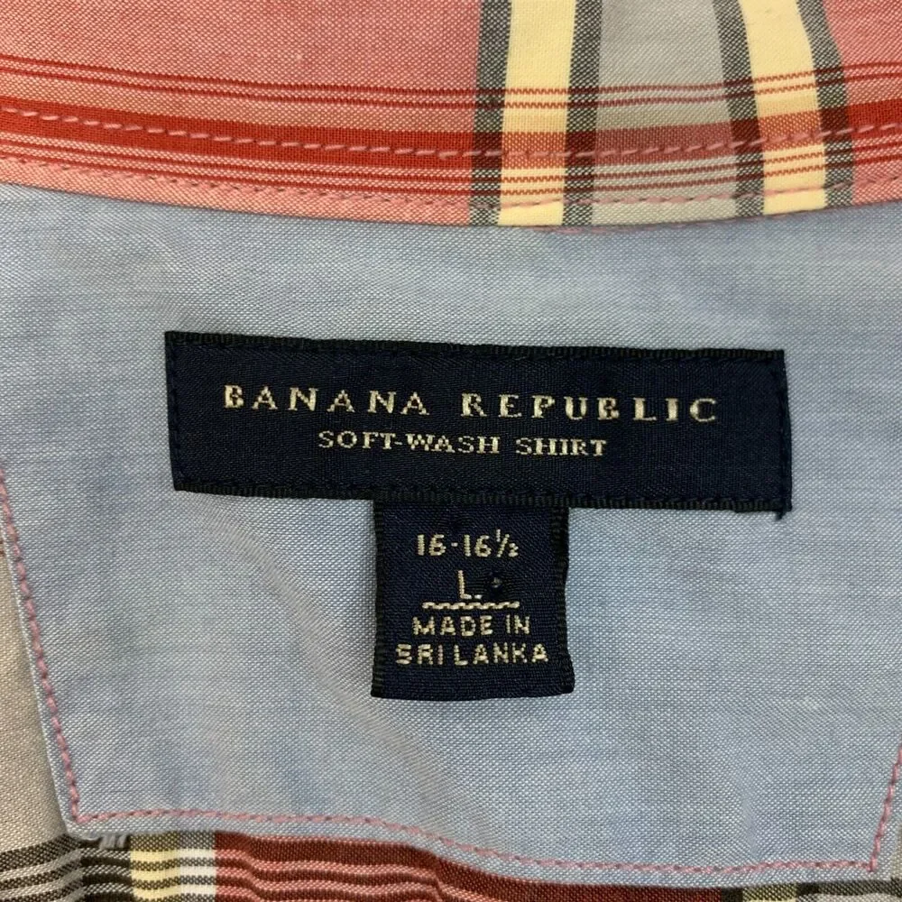 Banana Republic Soft Wash Shirt Men L Large Red Plaid Flip Cuff Cotton Button Up